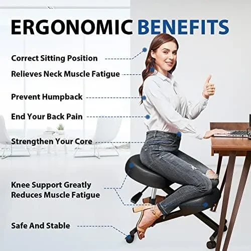 Kneeling Chair Ergonomic for Office, Adjustable Stool for Home and Office -  Improve Your Posture with an Angled Seat - Thick Comfortable Moulded Foam