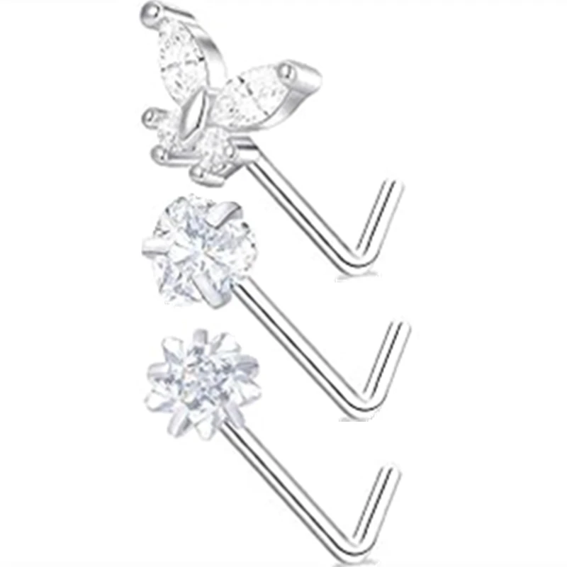 3PC Stainless Steel Nose Piercing Stud Set L Shape Pink