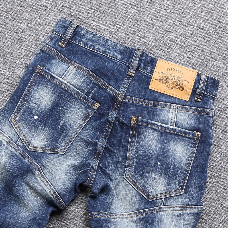 Street Fashion Men Jeans Retro Blue Slim Fit Spliced Designer Biker Jeans Homme Hip Hop Hole Ripped Pants Men Vintage Trousers