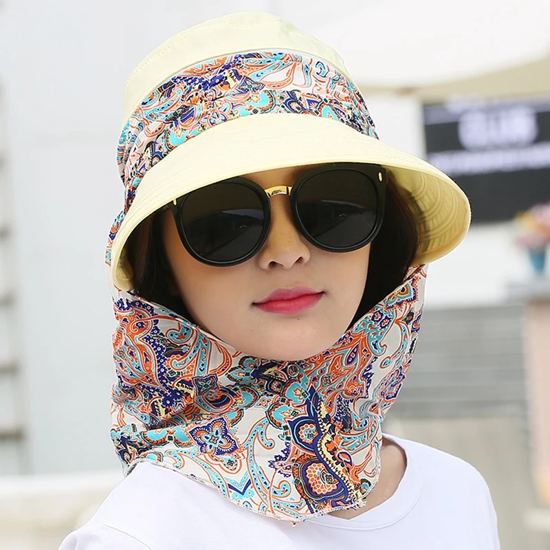 Women Anti-UV Sun Hat Beach Foldable Sunscreen Floral Print Caps Neck Face  Care Wide Brim Hat New Summer Outdoor Riding