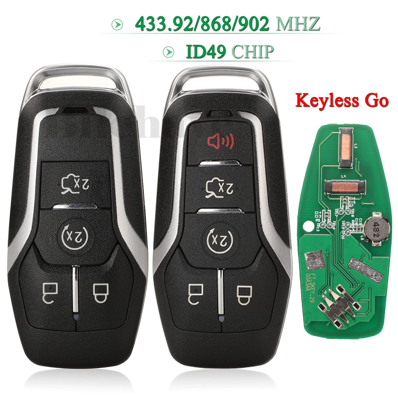 

jingyuqin Keyless Go 433.92/868/902MHz Smart Remote Key ID49 Chip For Ford Fusion Explorer edge Mustang 2017 2018 fob 4/5 Button