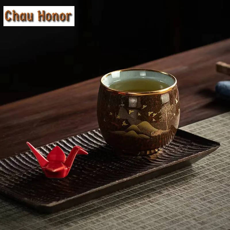 145ml High-end Emerald Red Tianmu Glaze Ceramics Tea Cup Handmade Home Coarse Pottery Kung Fu Teaset Tea Ceremony Gift Packaging