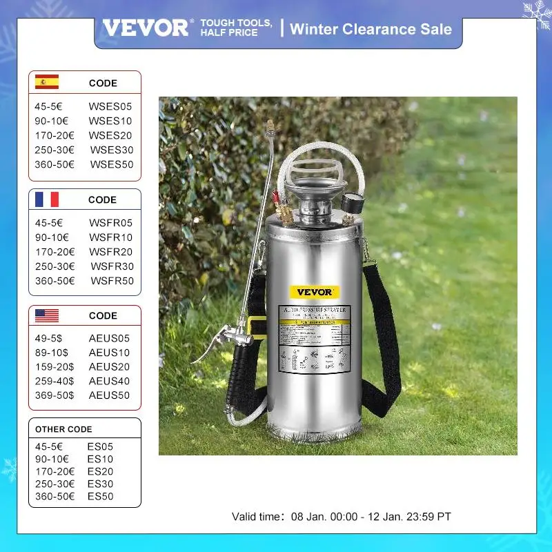 VEVOR 10L Pulvérisateur à Dos Pression Pompe Inox Brumisateur