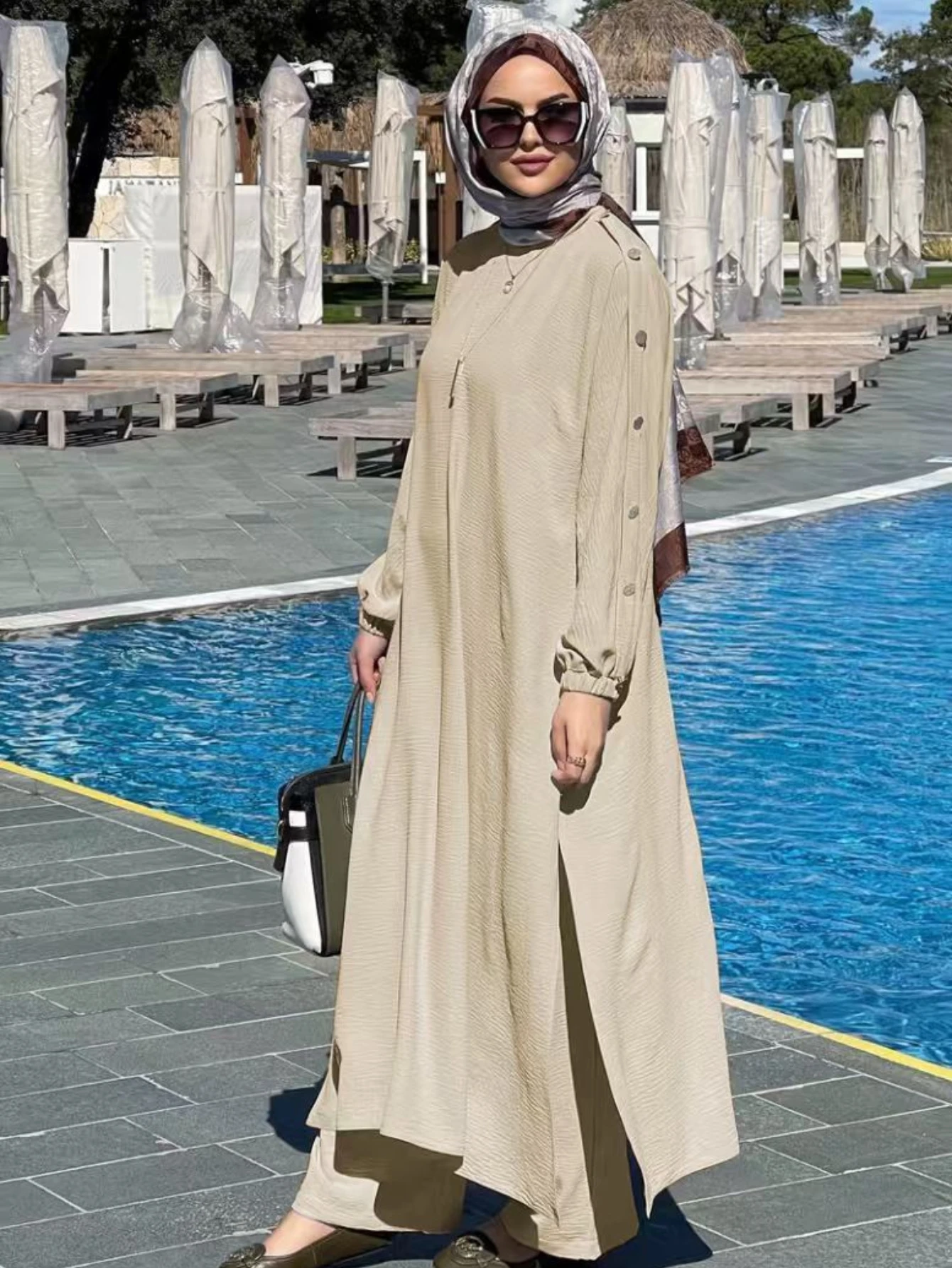 Femmes musulmanes 2 pièces ensemble robe longue jambe large pantalon costumes Blouse à manches longues Abaya chemise arabe dubaï robes Musulman Ensembles 1