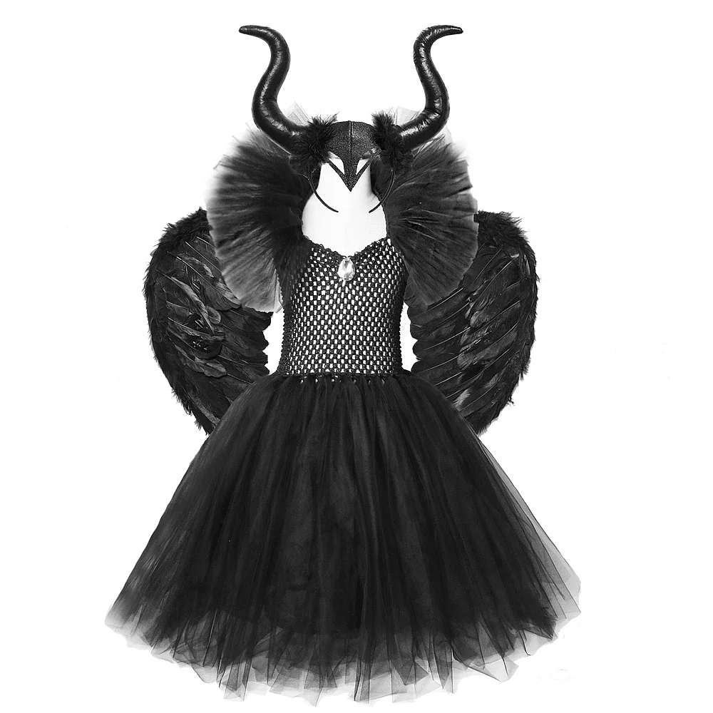Solid Black Maleficent Halloween Costumes Girls Kids Witch Long Tutu Dress Caviglia Ball Gown Devil Cosplay Outfit Con Corna Ali