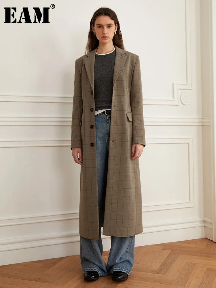 

[EAM] Women Khaki Plaid Long Elegant Blazer New Lapel Long Sleeve Single Breasted Jacket Fashion Tide Spring Autumn 2024 1DH2591