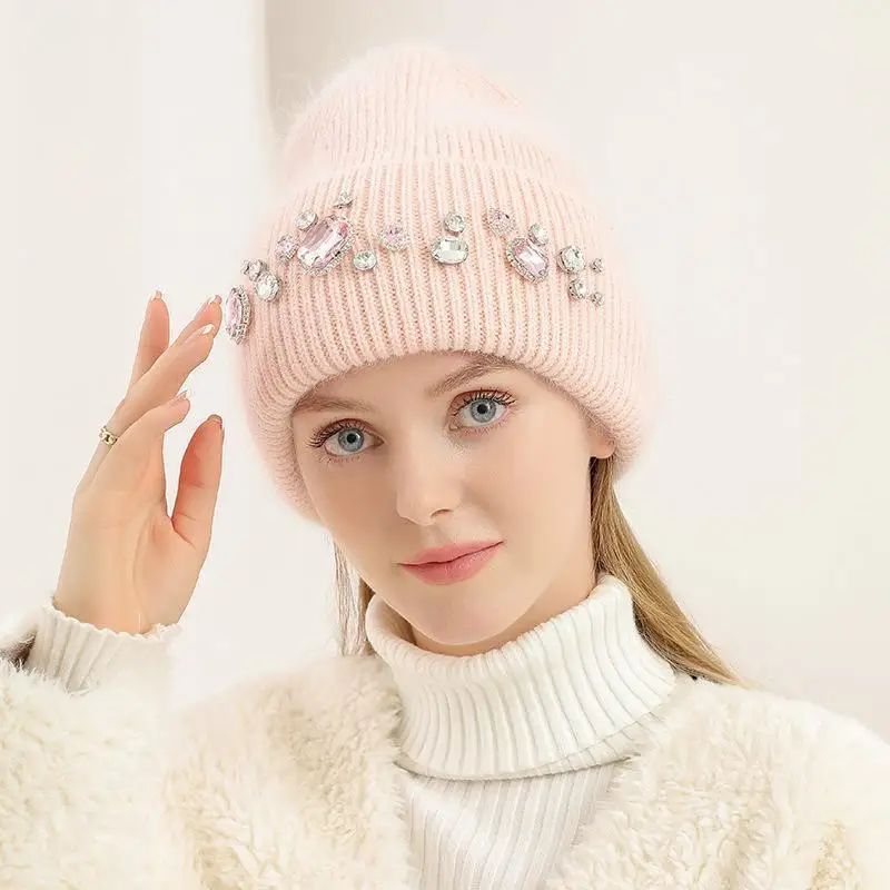 Ladies Fashion Warm Knitted Knitted Knitted Hat with Bright Diamond Rabbit Hair Thickened Warm Cotton Hat Travel Shopping Hat 2
