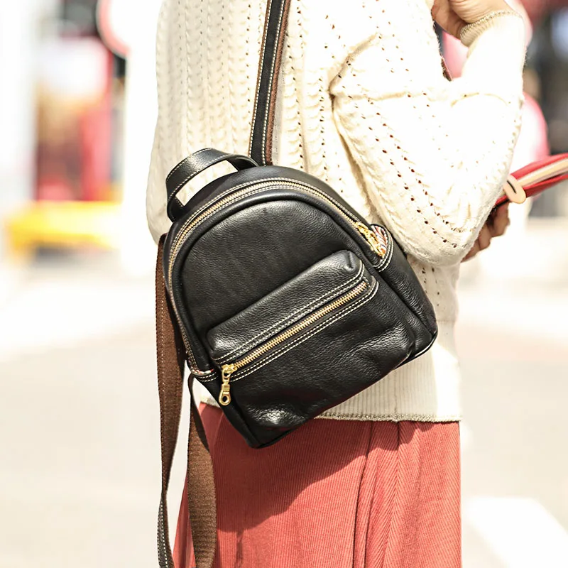 Top Layer Cowhide Women Backpack Small Genuine Leather Schoolbag Original Niche Backpack Female Preppy Style