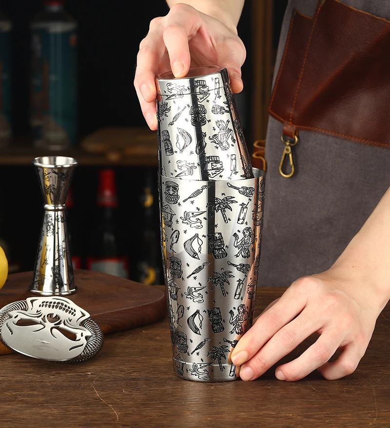 Boston Cocktail Shaker With Etched Pattern Martini Shaker Tin Set-800ml & 500ml
