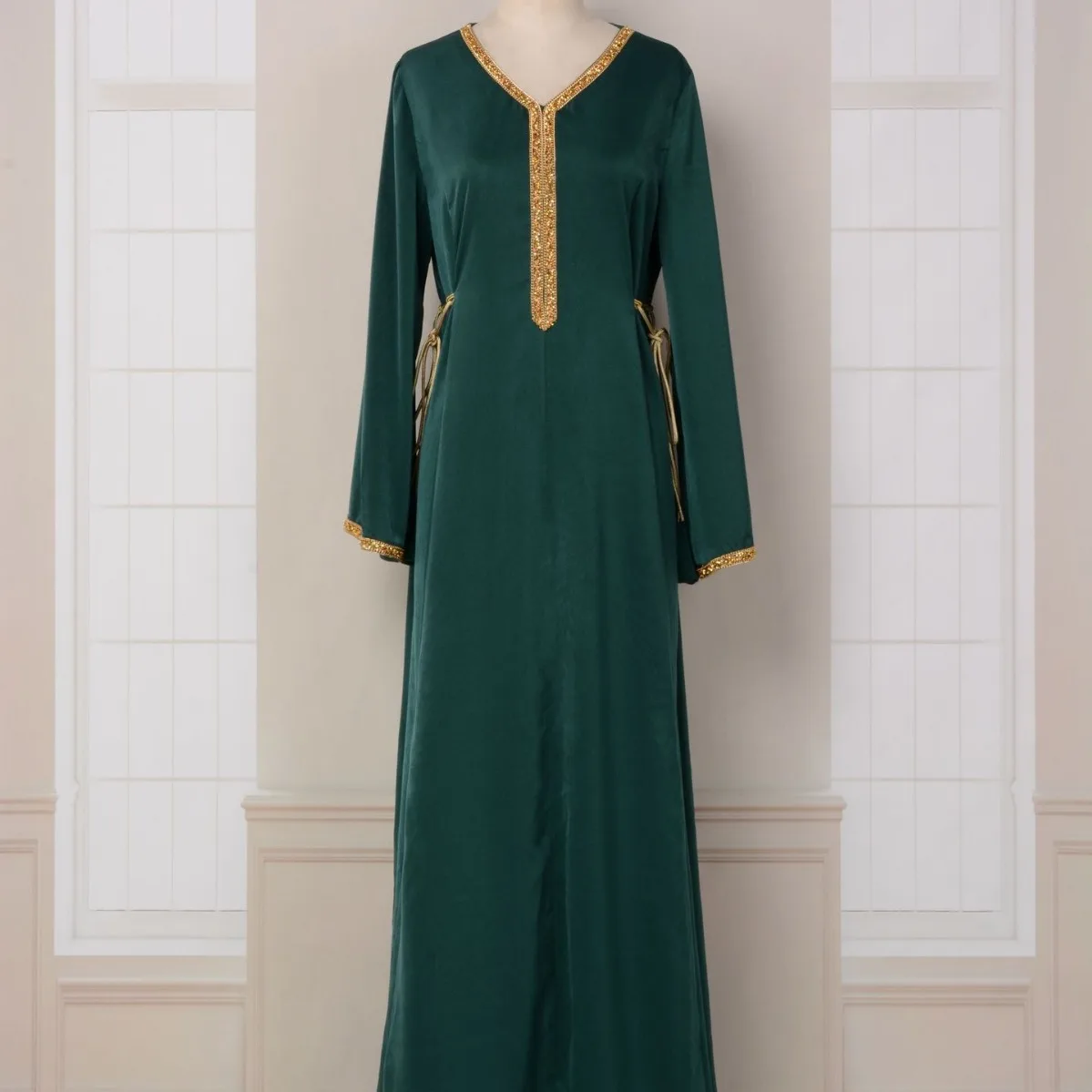 Moroccan Abaya Basic Chic Solid Long Dress Diamonds Full Sleeve V-Neck Sashes Muslim Casual Elegant Evening Dress Women Clothing