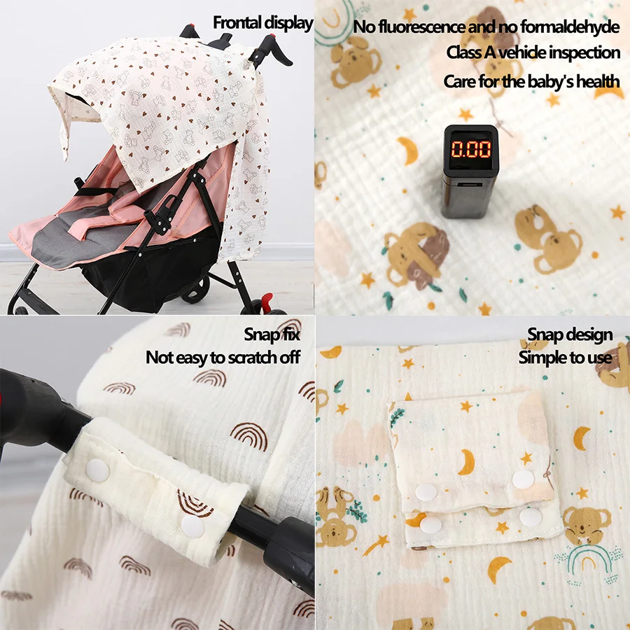 Parasole per passeggino da 1 pezzo, realizzato in tessuto stropicciato di puro cotone, facile da trasportare, delicato sulla pelle e traspirante, con stampa di simpatici cartoni animati, adatto per passeggini. - immagine 5