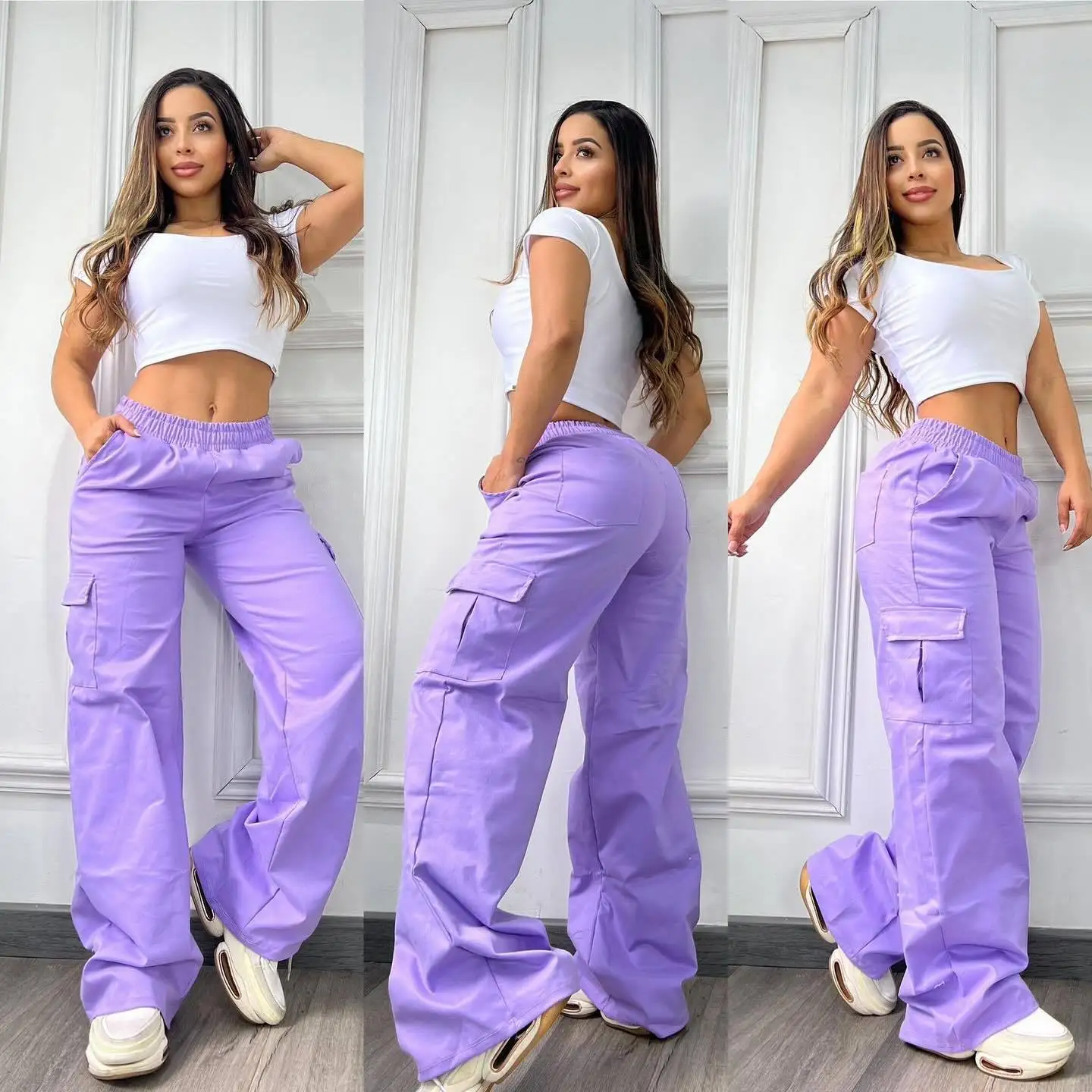 Women Pants Solid Capris Pocket Mid Elastic Waist Full Length Slight Strech Cargo Pants Loose Fit Casual Streetwear 2026 Spring