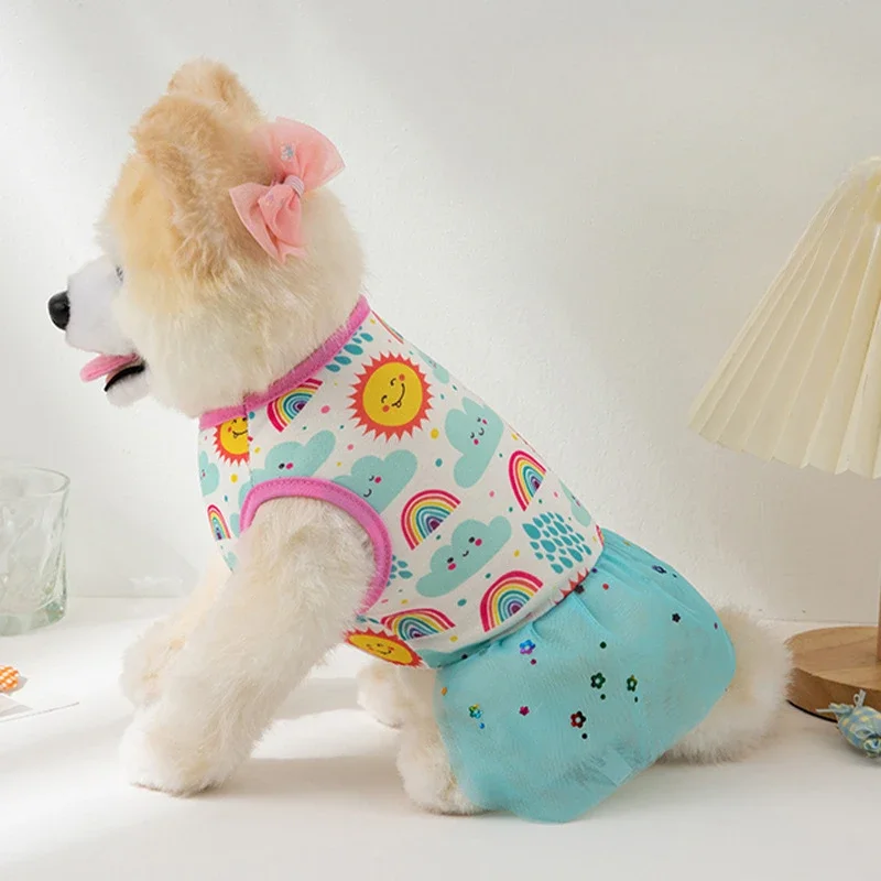 Cartoon Printed Dog Summer Dress Lace Dress For Small Dogs Cute Puppy Skirts Pet Party Birthday Skirt Costumes Pet Supplies