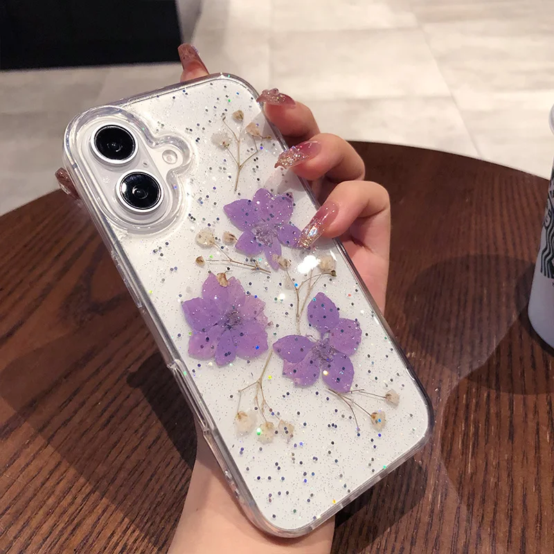 thumbnail image 1 of Funda de lujo con purpurina y flores secas reales para iPhone 16, 15, 14, 13, 12 Pro Max, 16Pro, silicona suave epoxi transparente para iPhone 15, 1 of 5