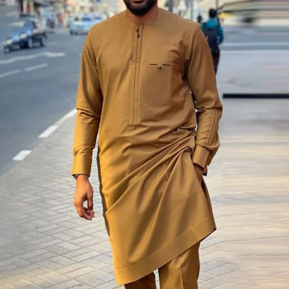 

2023 African Clothes for Men Spring Autumn African Long Sleeve O-neck Polyester Two Pieces Sets Top and Long Pant African Suit