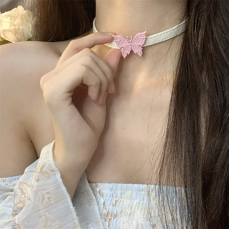 New White Choker Butterfly Necklace For Women Y2k Cute Leather Torques Necklace Jewelry Link Chain Butterfly Accessories Gift