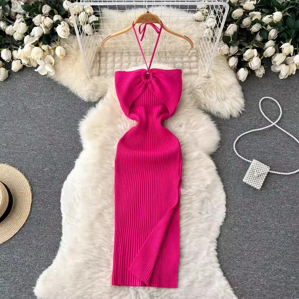 YuooMuoo Chic Fashion Sexy Package Hips Split Knitted Summer Dress 2025 Women Slim Elastic Bodycon Party Dress Streetwear Outfit 3