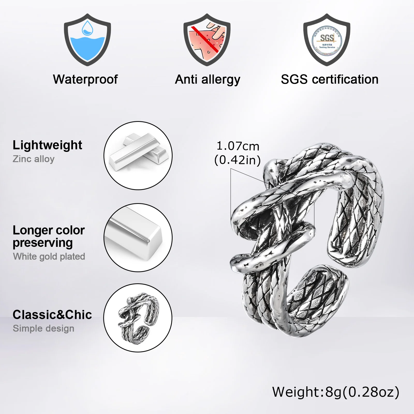 Retro Woven Metal Ring for Men Boys,Irregular 3 Layers Knot Opening Ring,New Punk Jewelry Gifts