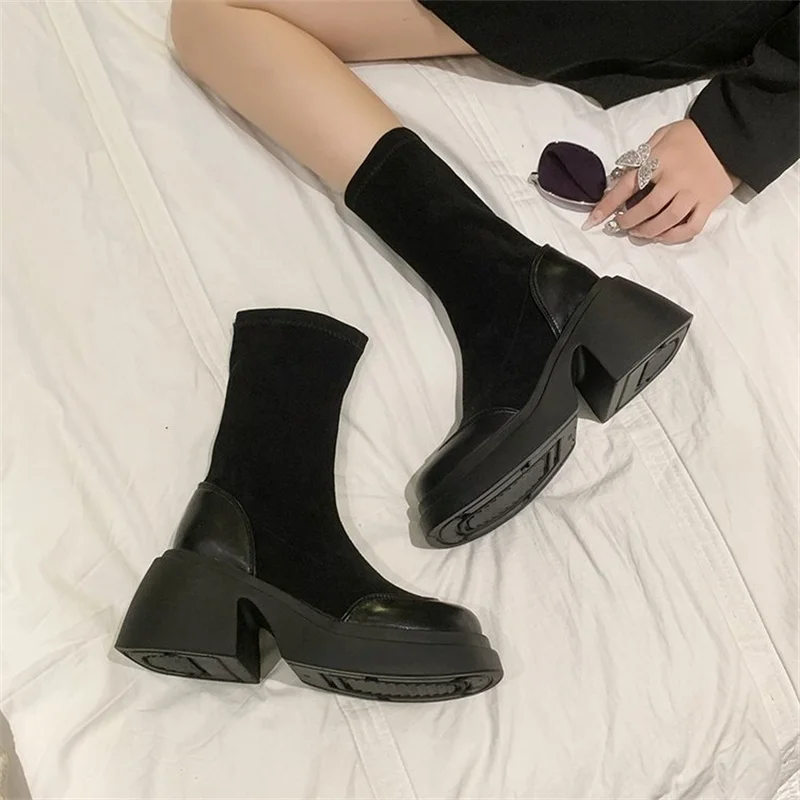 2023Autumn/Winter New Thick Sole Square Head Thick Heel Mid Sleeve Back Zipper Women's Short Boots Super High Heel Fashion Boots