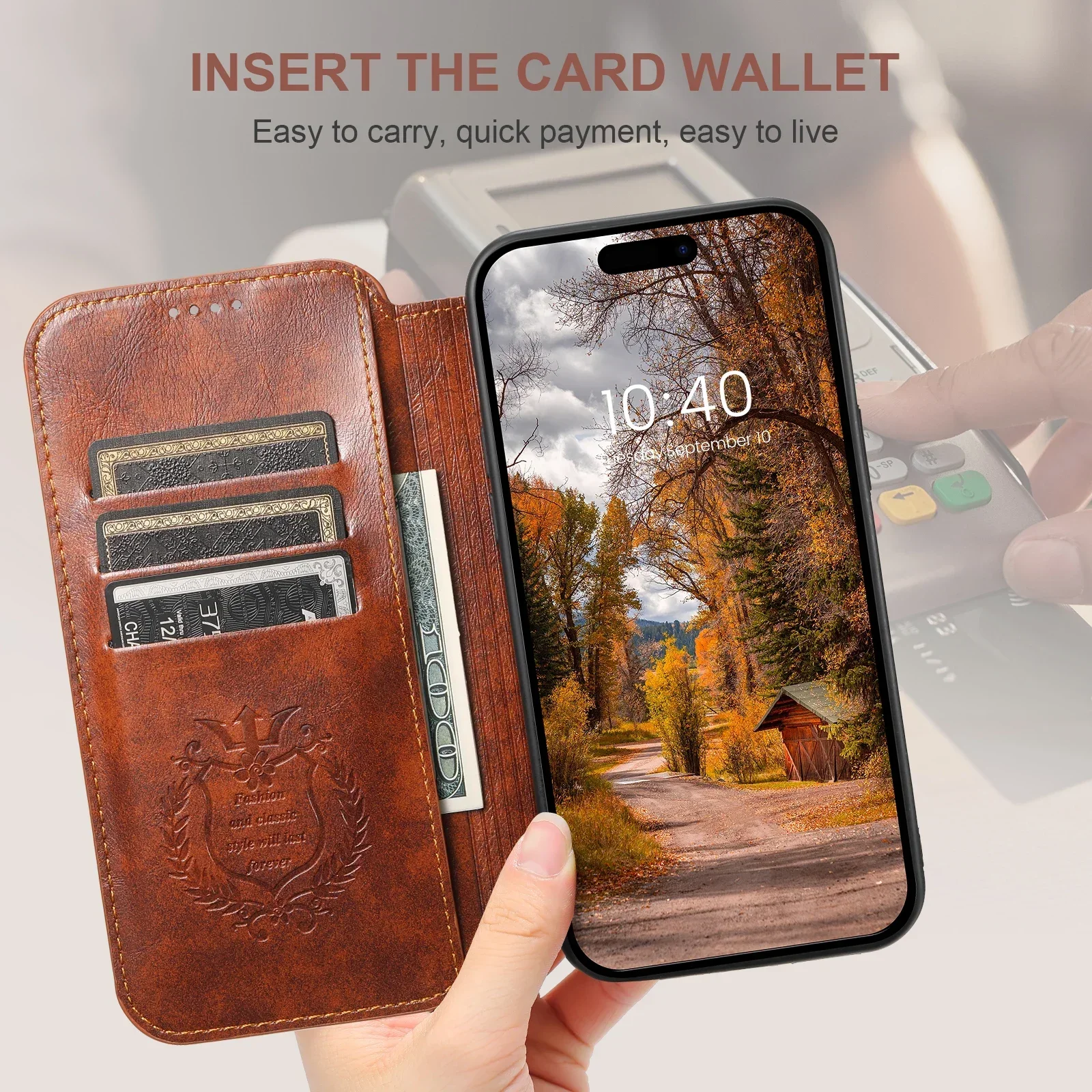 Magnetic Leather Wallet Phone Case with Wireless Charging & Kickstand