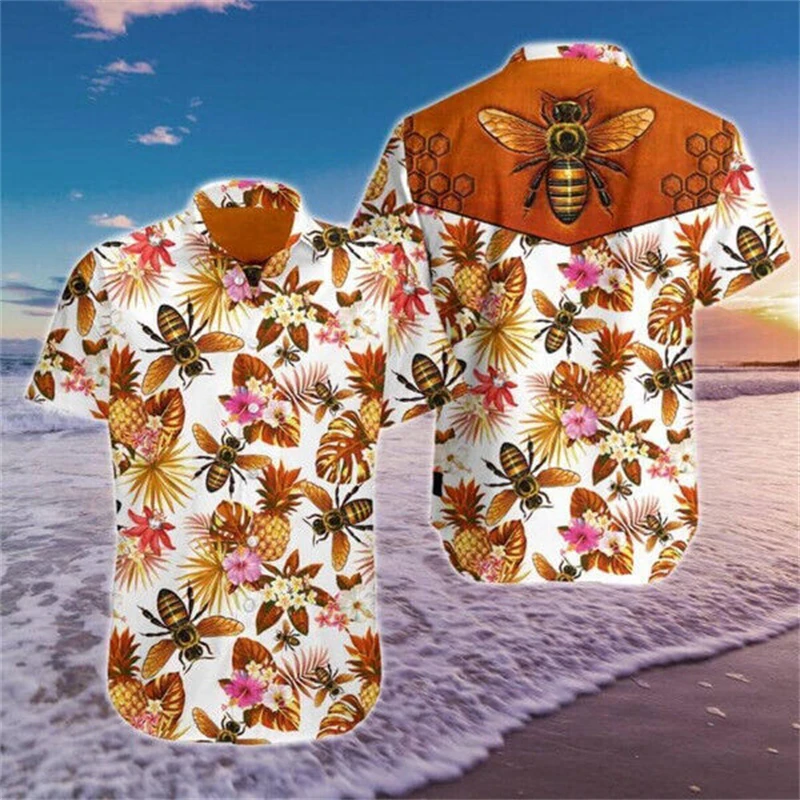 thumbnail image 1 of Camisas casuales de manga corta con botones y solapa con estampado 3D de abejas para hombre, ropa para hombre, camisa hawaiana de verano, ropa de calle para hombre, 1 of 5