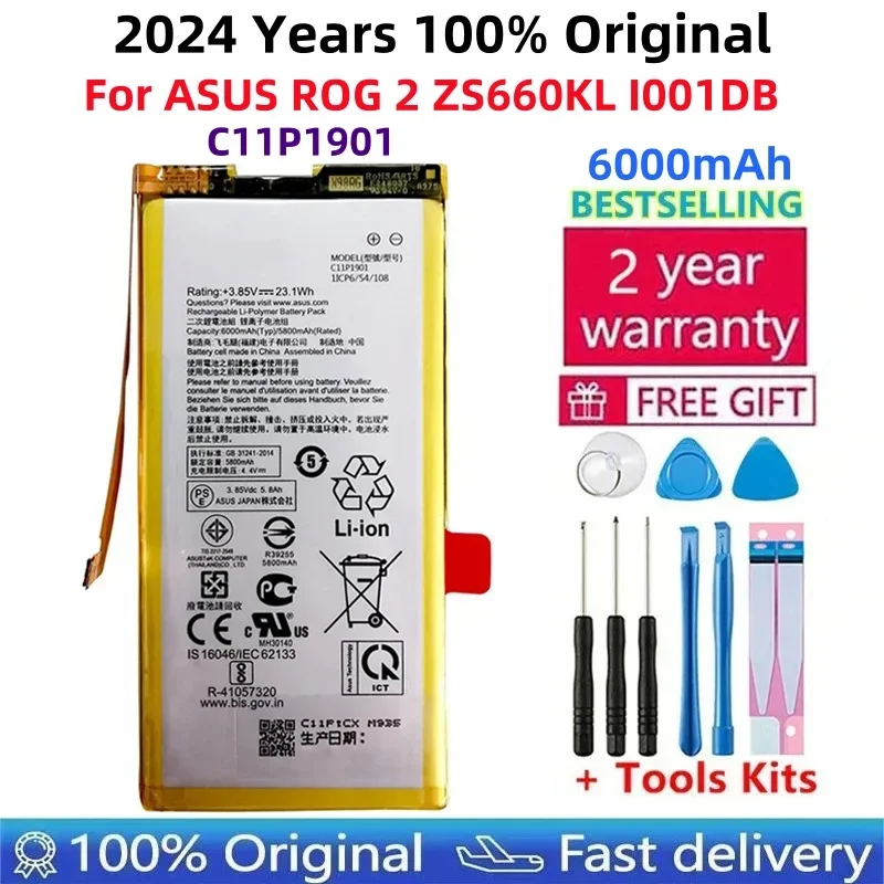 

100% Original High Capacity 6000mAh C11P1901 ZS660KL I001DB Phone Battery For ASUS ROG 2 Game Phone Batteries Bateria +Tools