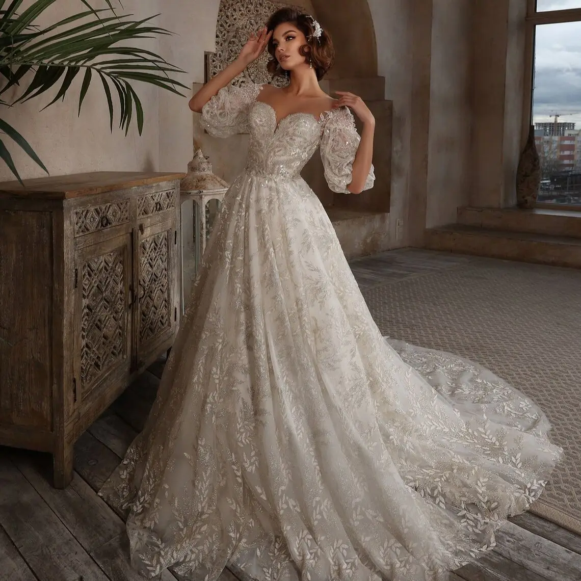 

Stunning Princess Wedding Dress Half Puff Sleeves Open Back Pearl Crystal Beaded Bridal Gown Glitter Chapel Train Robe De Soriee