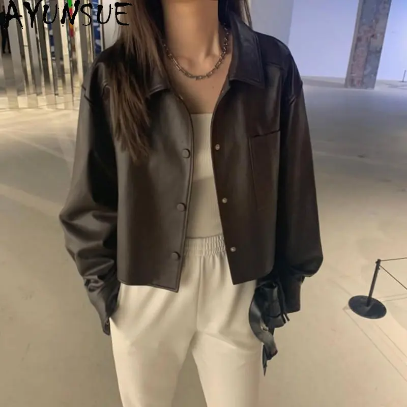 

Женская кожаная куртка AYUNSUE, Короткая Повседневная куртка из натуральной овечьей кожи, корейская мода, 2023