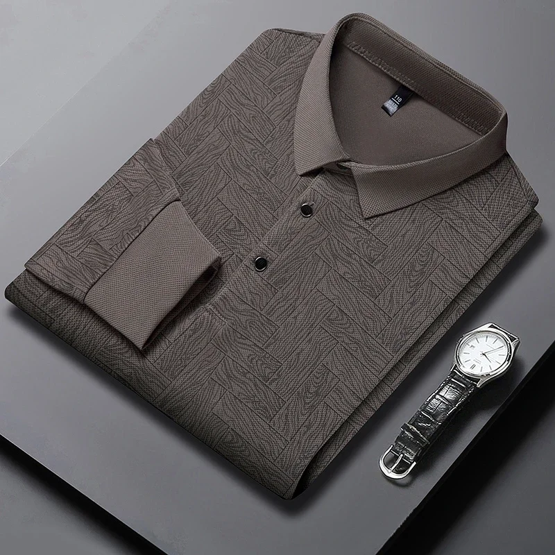 Polo Shirt Men Business Casual Long Sleeved Solid Color Top
