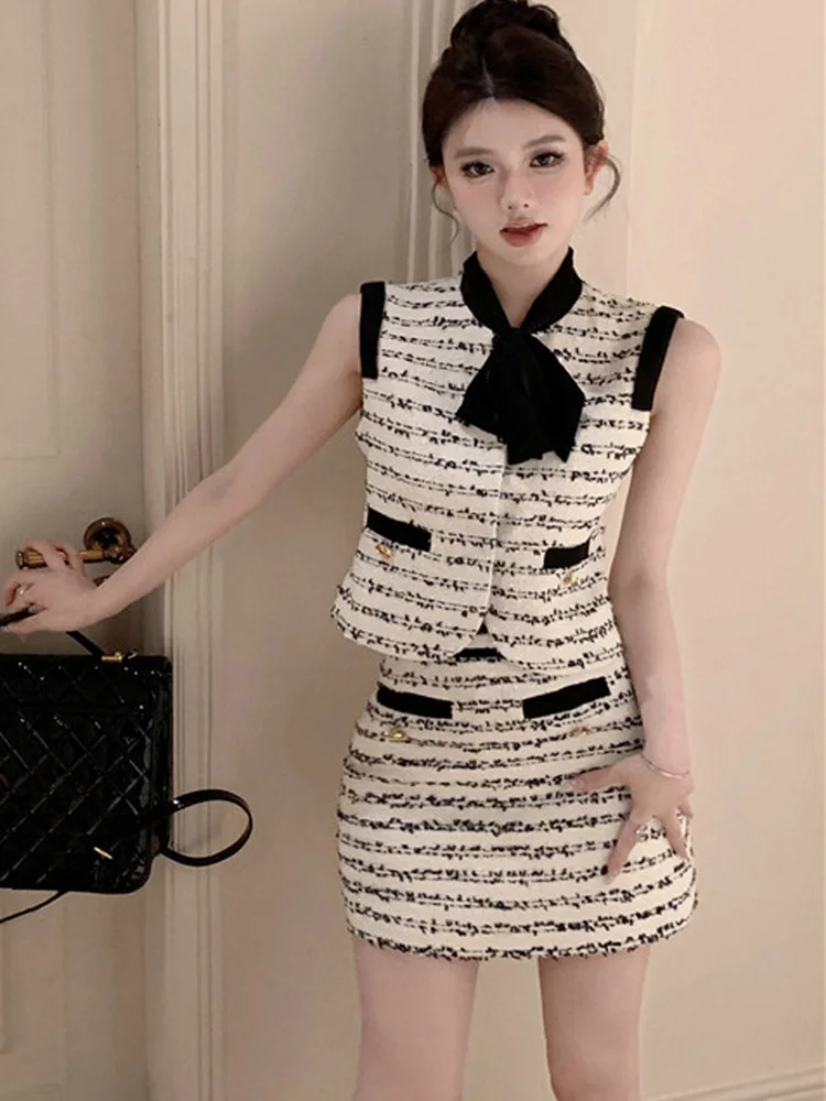 

Summer Small Fragrance Tweed Elegant Two Piece Set For Women Bowknot Slim Sleeveless Tops & Mini Skirts Female Fashion Outfits