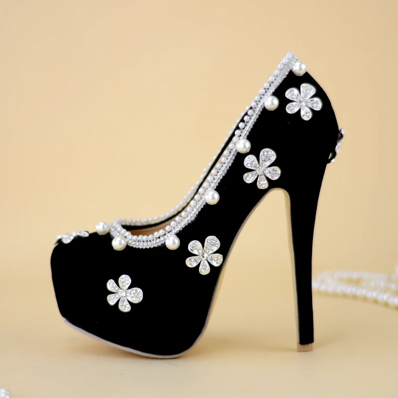 

Princess Style String Pearl Embellished Slip On Rhinestone Flower Pumps Platform Super Heels Wedding Shoes Woman High Heel