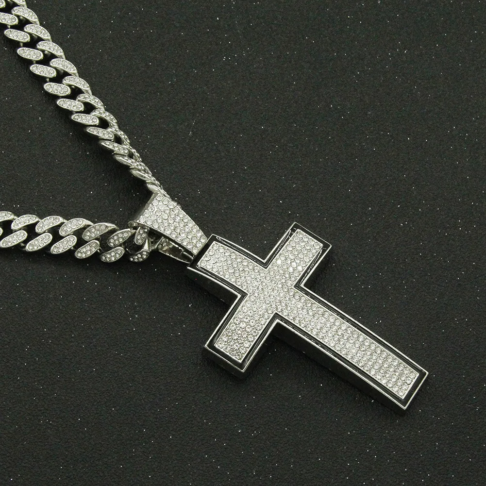 

Hip Hop Iced Out Cuban Chains Bling Diamond sliver Cross Pendant Mens Necklace Miami Big Gold Chain Charm Jewelry for Men Choker