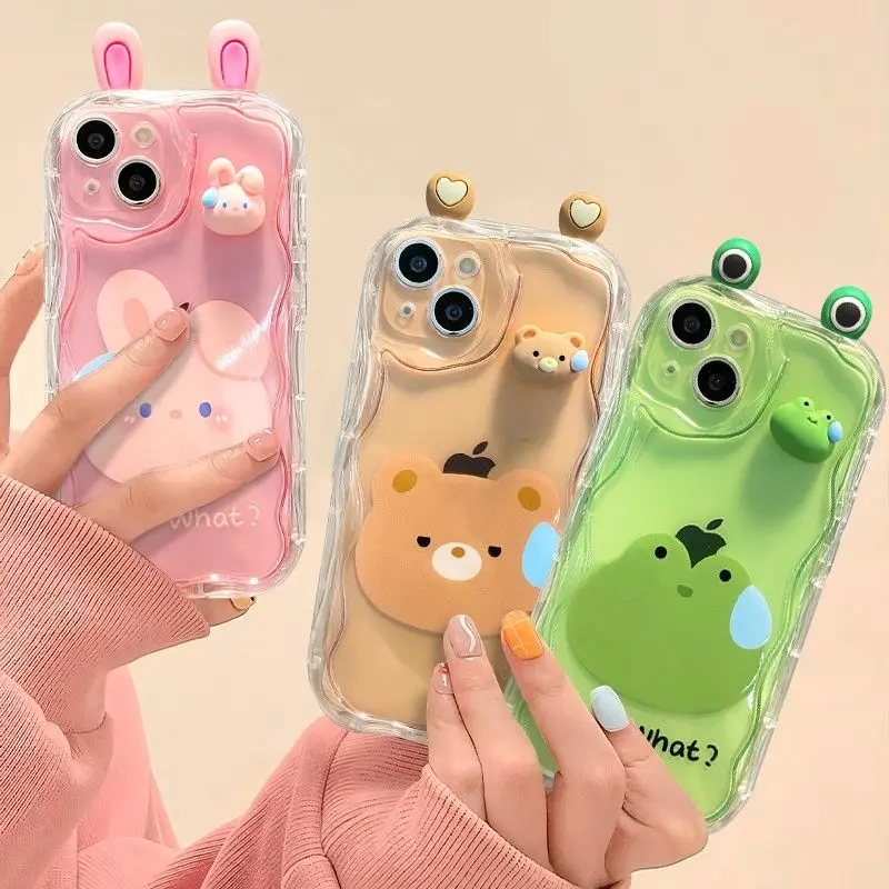 Lovely 3D Bear Rabbit Wave Phone Case for iPhone 15 14 11 Pro Max 13 12 Mini XR XS X 8 7 6 6S Plus SE 2020 Soft Silicone Cover — view 2
