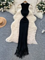 SINGREINY Vacation Tassel Knitted Dress Stretchy Bodycon Curve Solid Summer High Waist Sleeveless Sexy Beach Pencil Long Dresses - Image 5