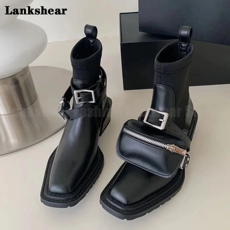 

Black Side Bag Chelsea Short Boots Women's Fashion British Catwalk Square Toe Short Tube Fashion Boots Spring and Autumn