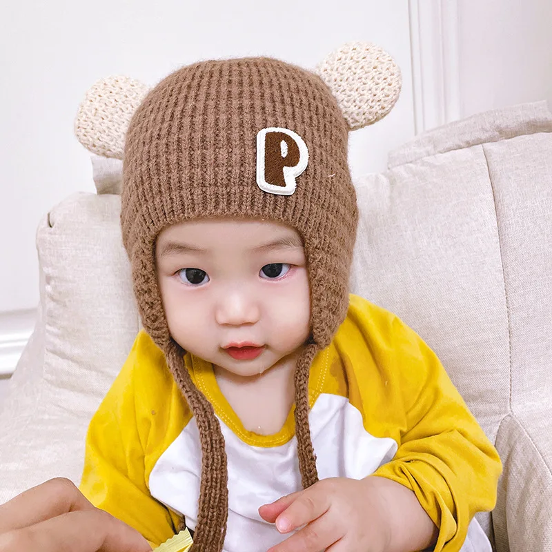 

Милая Детская шапка-ушанка с надписью, зимняя теплая трикотажная шапка для защиты ушей для младенцев, мальчиков и девочек, трикотажная шапка с мультяшными ушками