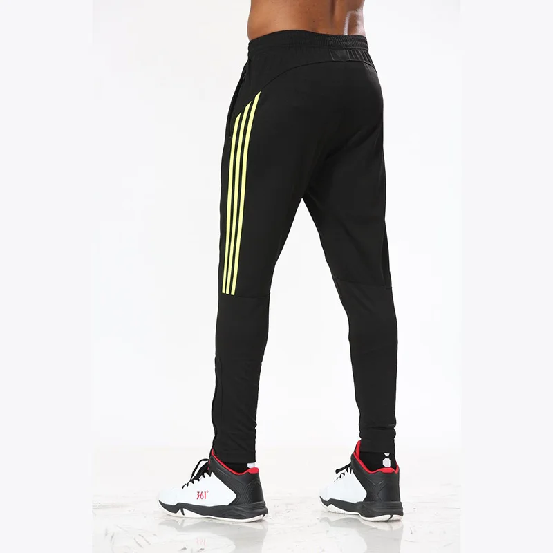 Men's Winter Training Black Pants with 3 lines Quick Dry Skinny Pants Adult Football Training Long Pants with Leg Slit Zippers