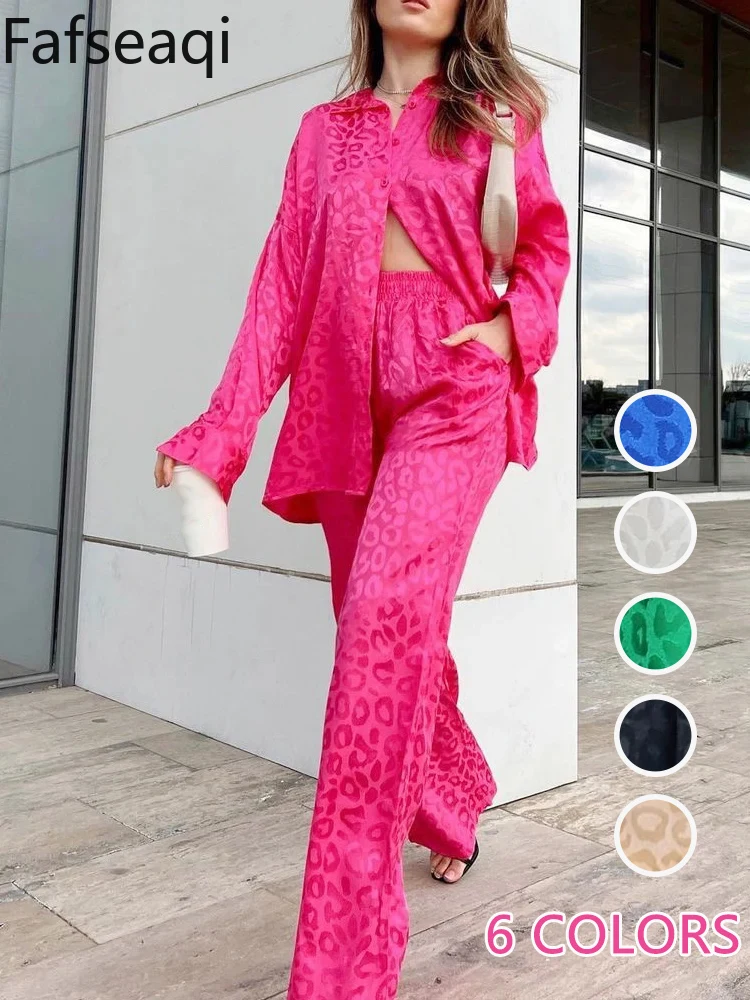 

Green Satin Suits for Women 2024 Spring Leopard Print Buttons Shirts Elegant Two-piece Set Office Women's Shiny Trouser Suit