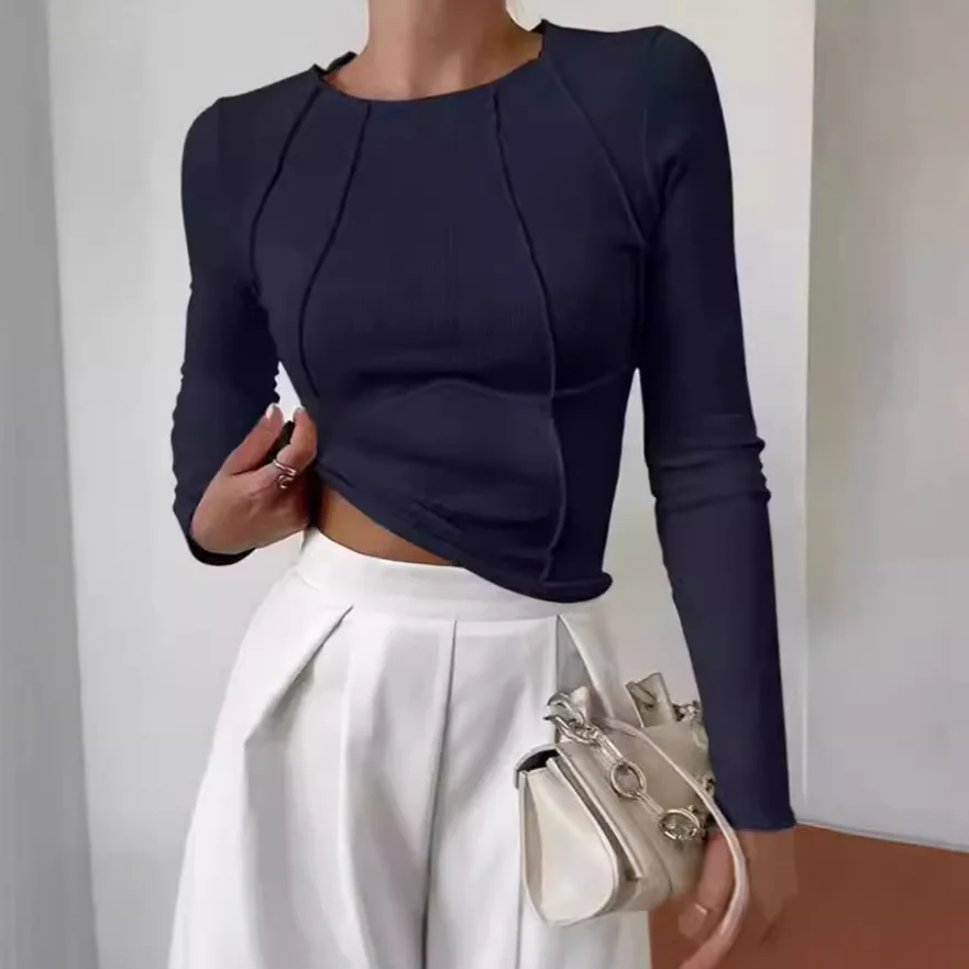 Pink Striped Long Sleeve Slim Fit Cropped T Shirt For Women