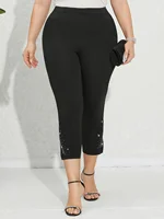 Plus Size Women's Fitted 7/8 Leggings with Starry Pattern and Rhinestone Split - High Waisted Summer Active Underwear - Image 4