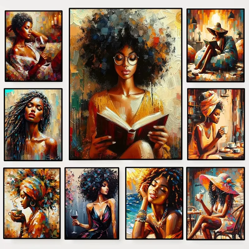 African American Black Woman Relaxing Poster Cool Girl Reading Book Afro Canvas Painting Wall Art for Living Room Home Decor