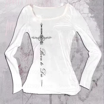 Gothic Grunge Punk Printing Women's Long Sleeve Tee Casual Slim Fit Sexy Chic Emo Girls Crop Top Y2K Harajuku Vintage Streetwear 1
