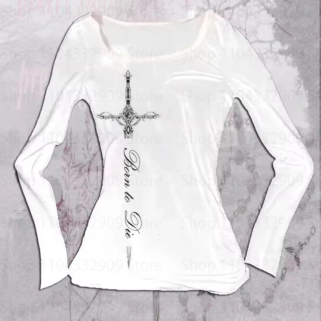 T-shirt à manches longues pour femmes, imprimé gothique Grunge Punk, décontracté, Slim, Sexy, Chic, Emo, haut court pour filles, Y2K, Harajuku, Vintage, Streetwear 1