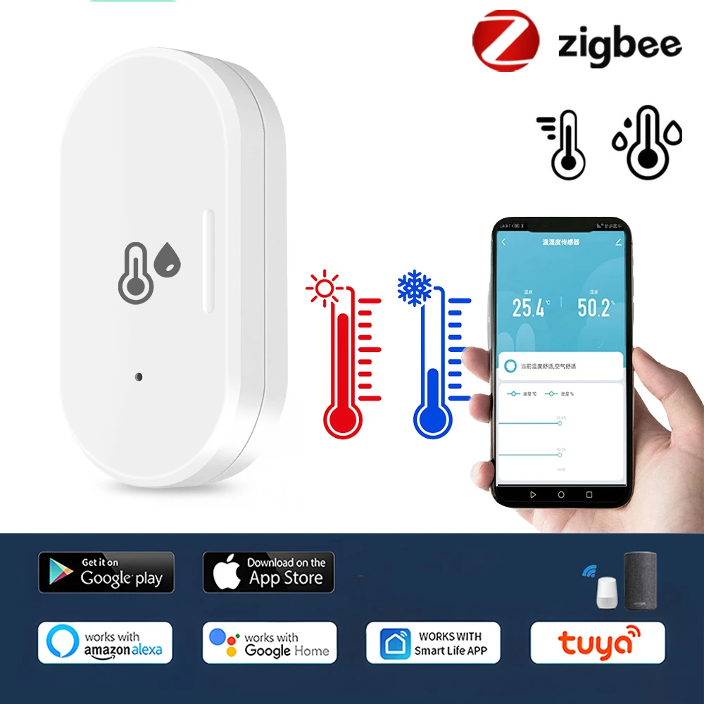 

Датчик температуры и влажности Tuya Zigbee, гигрометр для умного дома с голосовым управлением через Google Alexa