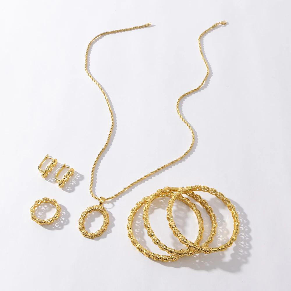 LUIZADA Marokko Trend Goldfarbenes Schmuckset für Party-Design, Ohrringe und Anhänger, Halskette, Armband, Ring-Set für Verlobung