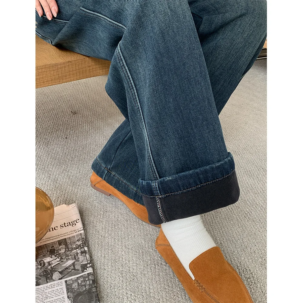 XXXXL Fashion Plus Size Women's Jeans 2025 Autumn/Winter New Style Simple Fleece Warm Denim Straight Leg Casual Long Pants 2537