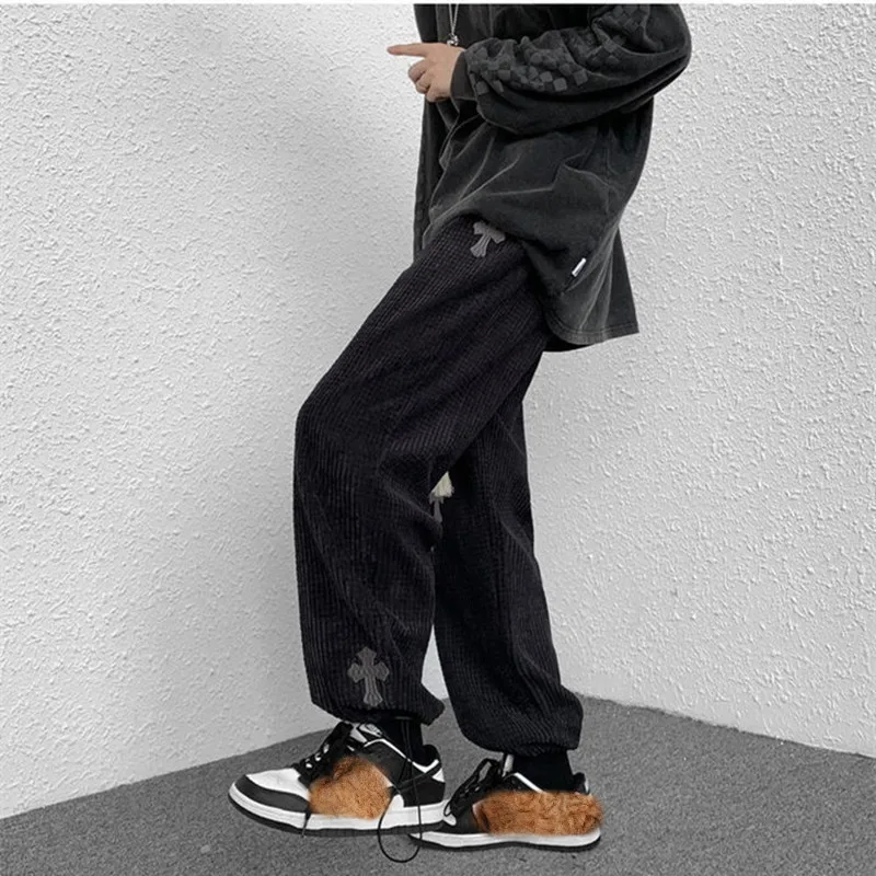 New Streetwear Women Wide Leg Pant Cross Embroidery Woman High Waist Straight Baggy Corduroy Trousers Women Clothing Y2k Pants nike sweatpants