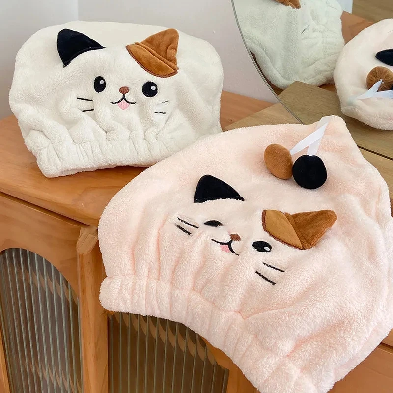 Cute Cat Kitten Kid Hair Turban Quick Dry Bath Hair Drying Towel Head Wrap Hat Cap Bathing Tool Cat Ears Pattern Hooded hair towel