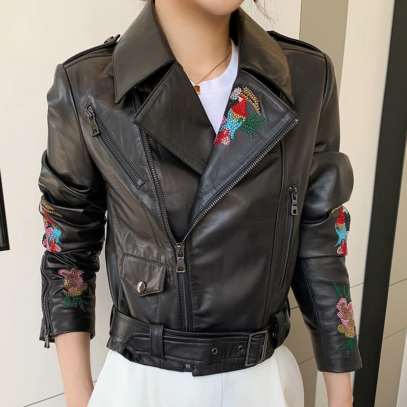 

Slim Cropped Sheepskin Coat Women Personality Embroidery Genuine Leather Motorcycle Biker Jacket Female Streetwear Clothing