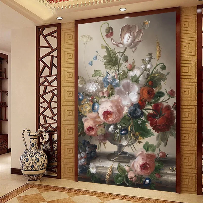 Papel de Parede Foto Personalizada 3d Vaso Floral Pintura a Óleo Murais Sala de Estar Entrada Cenário de Parede para Paredes d Papel de Parede